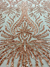 Dantela Couture Auriu Rose cu Model Geometric, cu Margele si Paiete